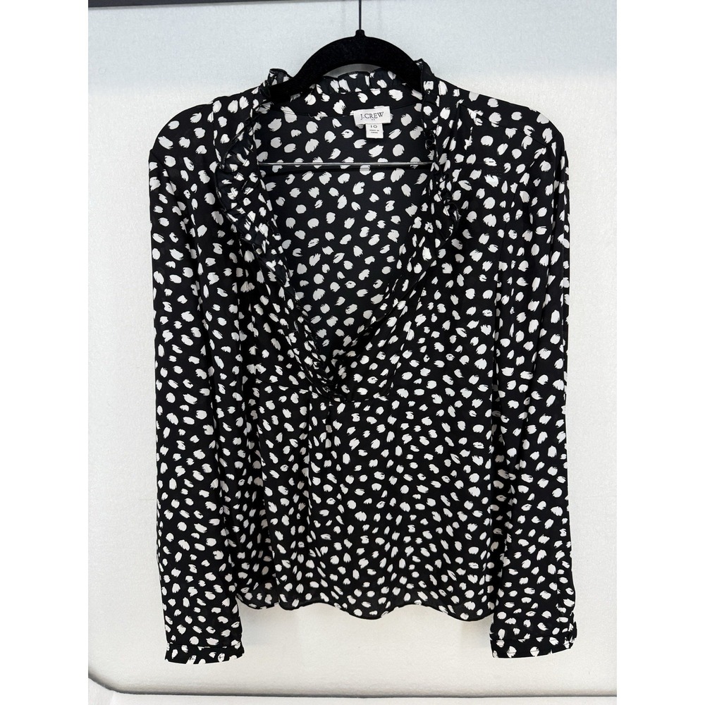 NWOT J. Crew Women's Black & White Ocelot Print V Neck Ruffle Blouse‎ Size 10